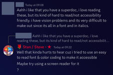 his lore document was criticized on as to not being accessible enough due to fonts, being all italics, unreadable colors for colorblind folk, etc